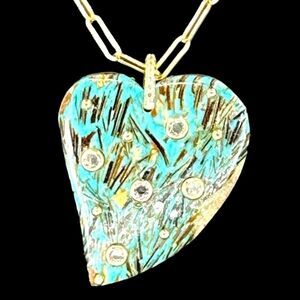 Nakamol Green Heart Pendant over Gold Tone Paper Clip Chain Link Necklace 26-29”